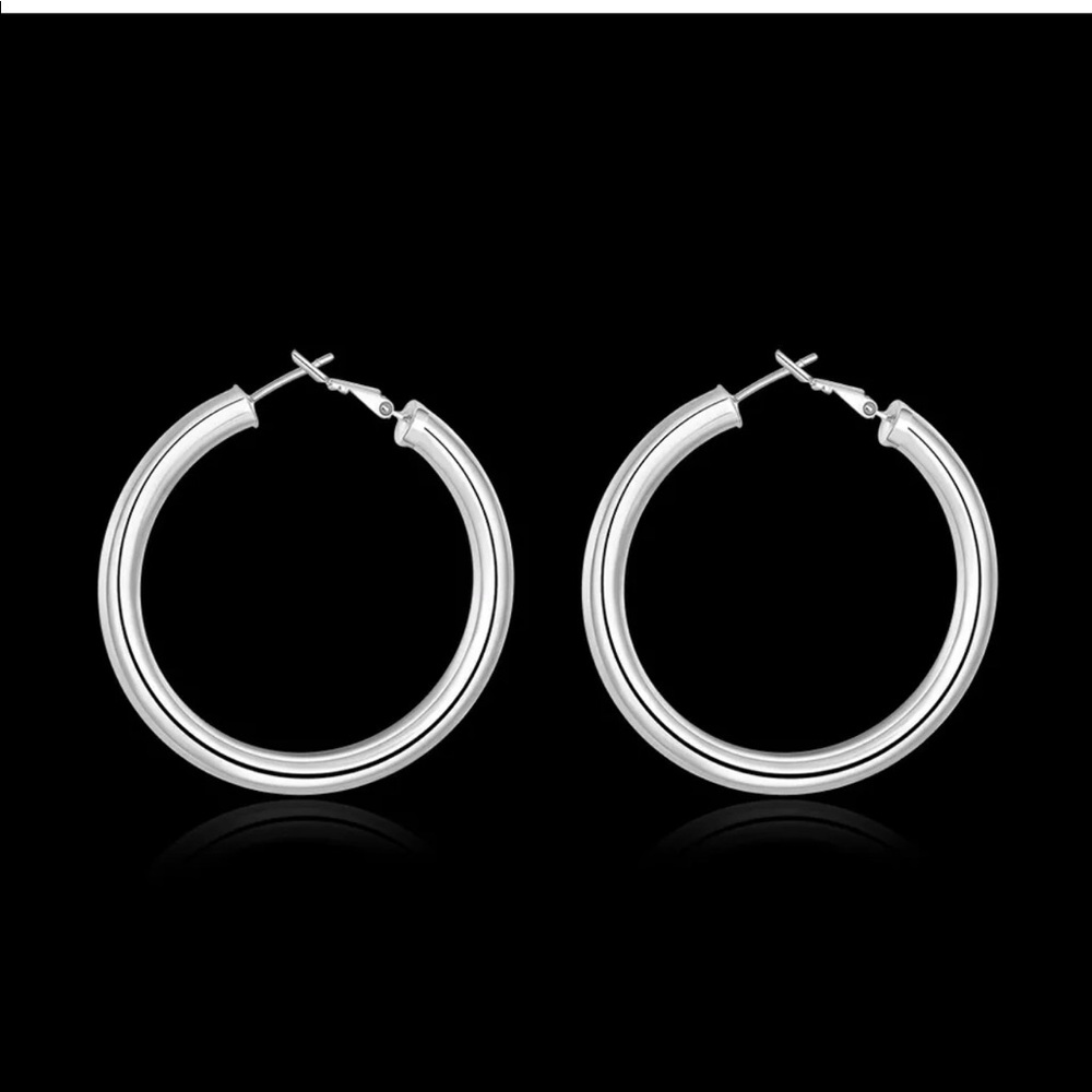 New Silver Large 50mm Round Circle Hoop Earrings - Picture 3 of 8